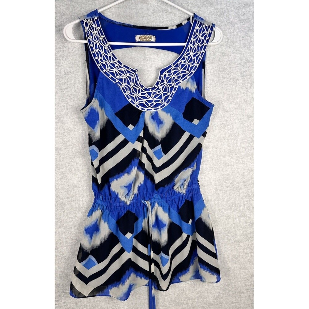 Marineblu Womens Small Mini Dress Blue Cinch Waist  Colorful Beaded Sleeveless